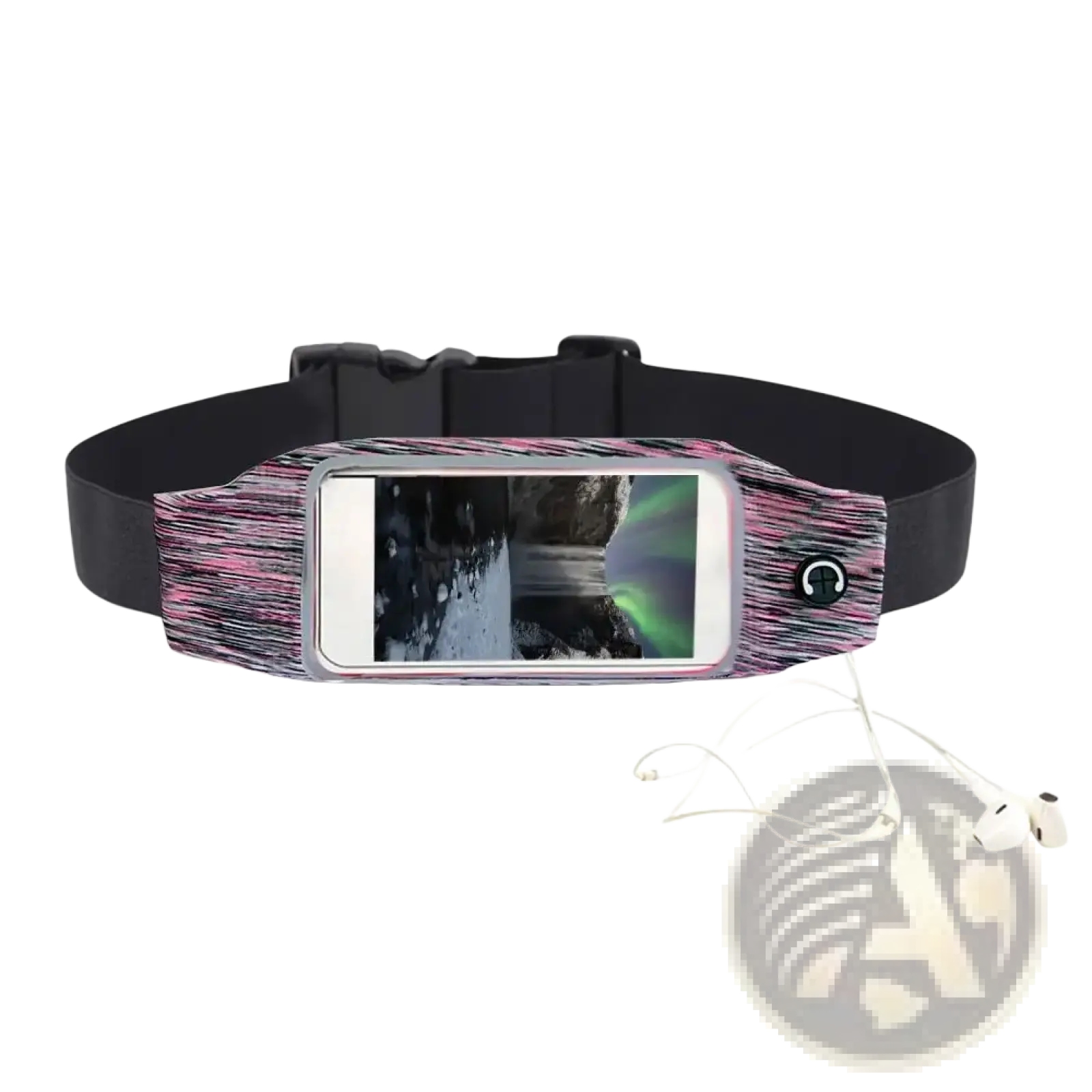A pink and black patterned waterproof running belt with clear phone pocket holding an iPhone for touchscreen use