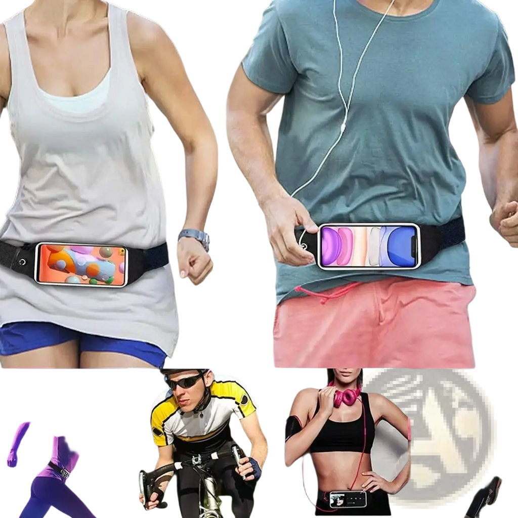 Black waterproof running belt made of durable material with adjustable strap and secure pocket for smartphone during workouts
