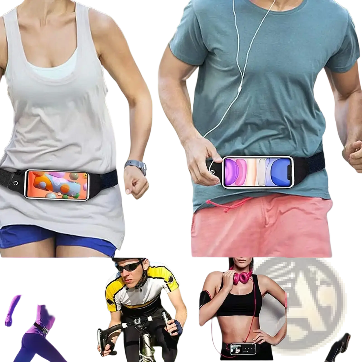 Black waterproof running belt made of durable material with adjustable strap and secure pocket for smartphone during workouts
