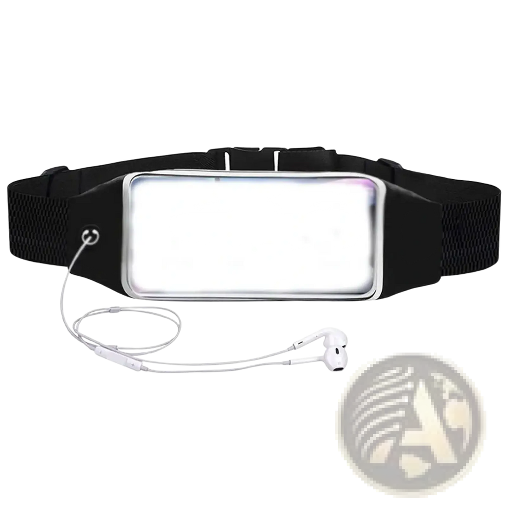 Black waterproof running belt with silver-framed phone pocket and white earbuds attached for hands-free use