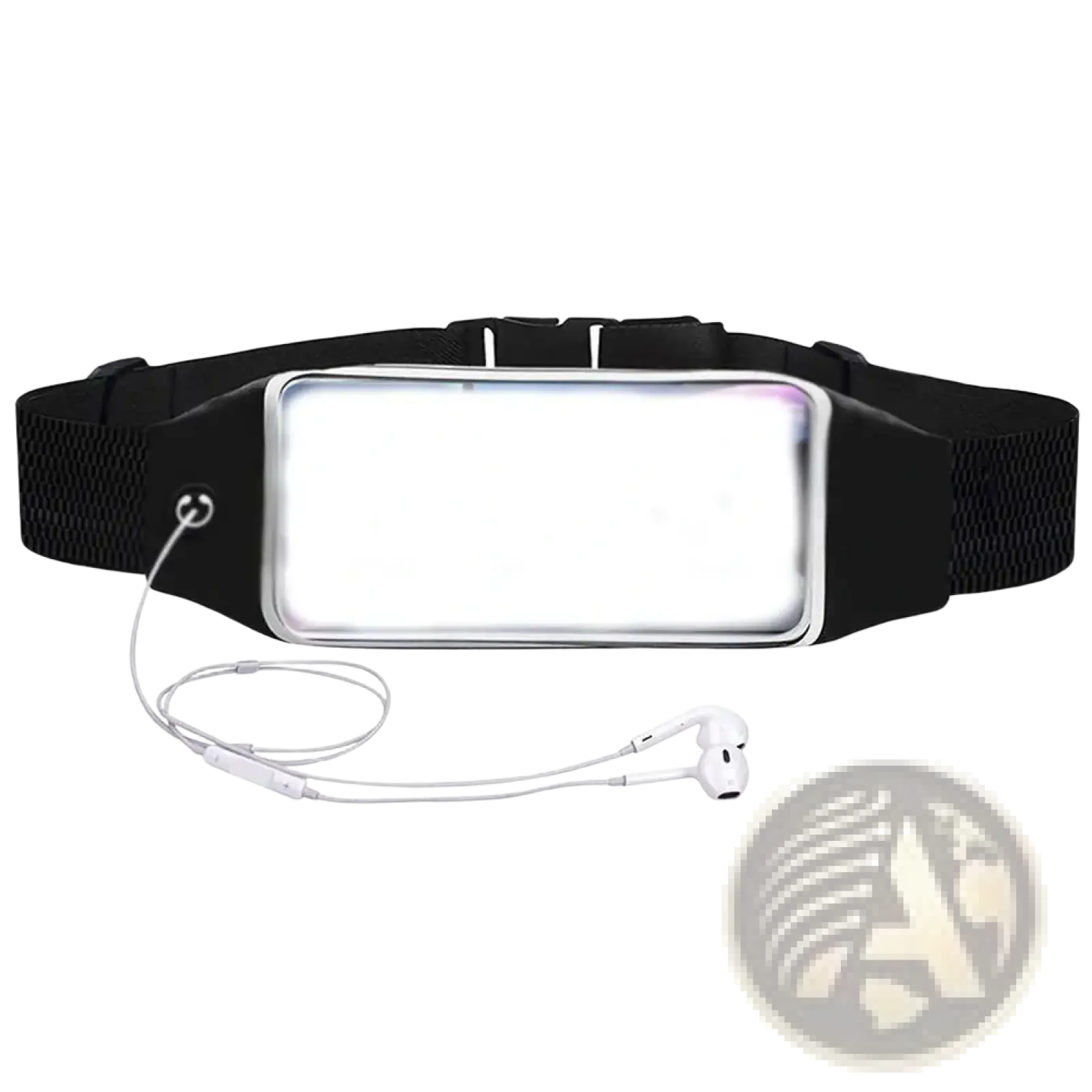 Black waterproof running belt with silver-framed phone pocket and white earbuds attached for hands-free use