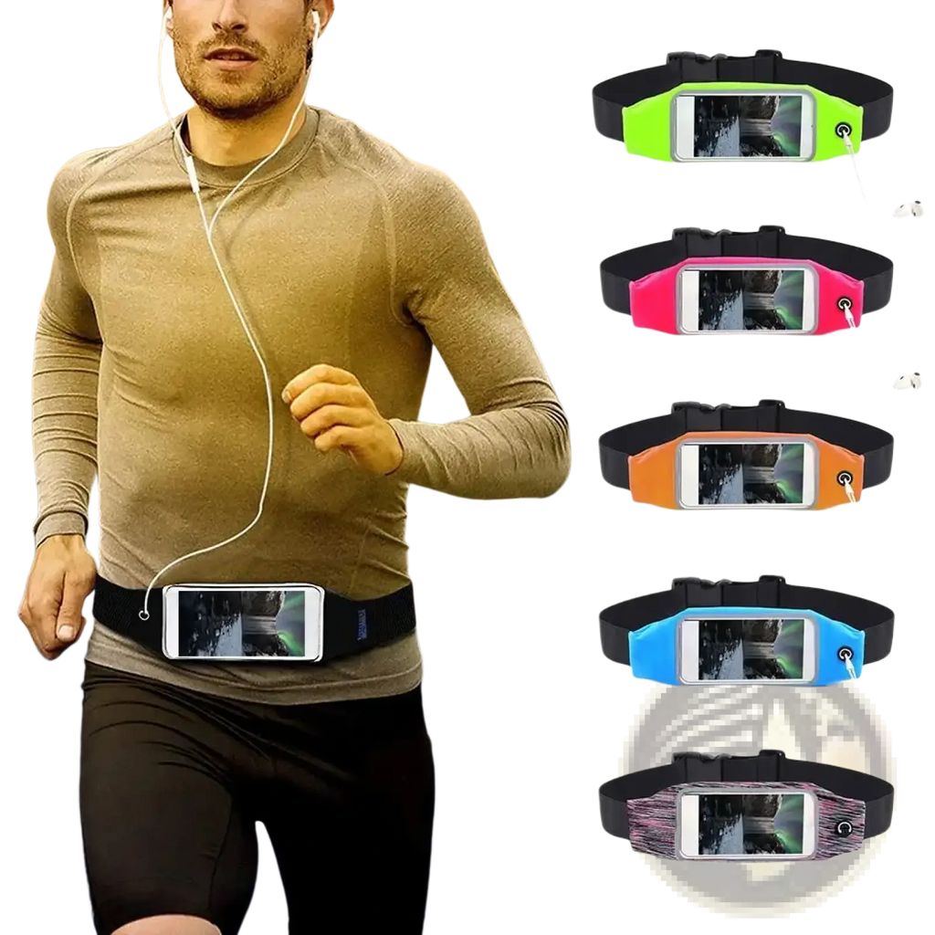 Black waterproof running belt with elastic waist, clear phone pocket, and white earbuds attached for touchscreen use