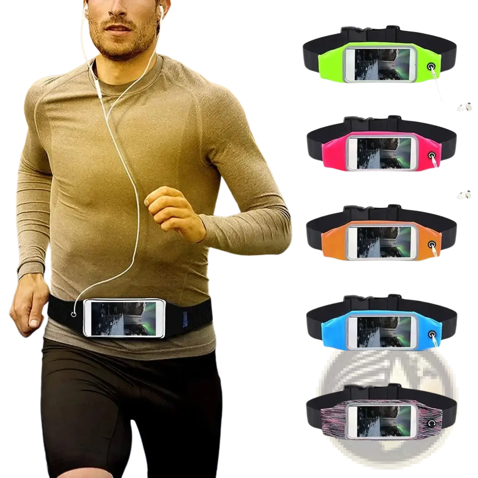 Black waterproof running belt with elastic waist, clear phone pocket, and white earbuds attached for touchscreen use