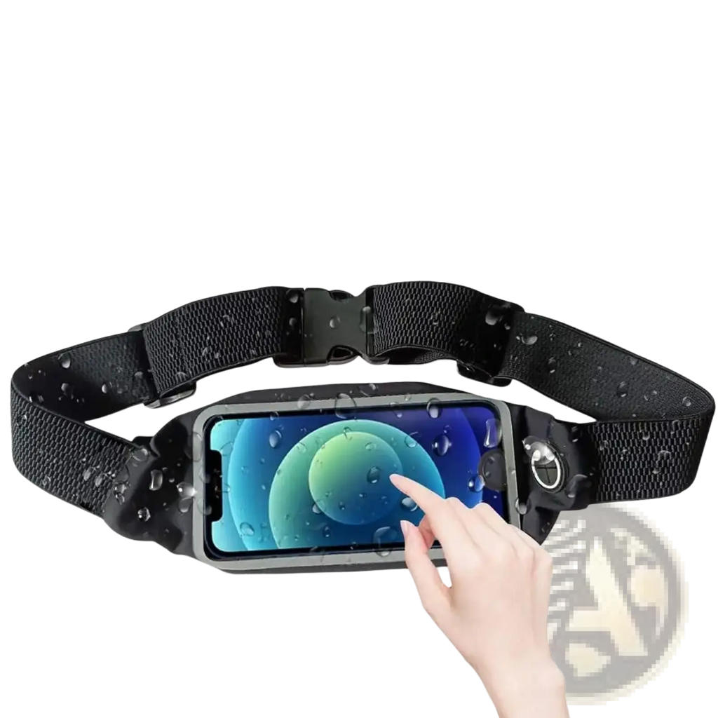 Waterproof running belt in black waterproof fabric with built-in touchscreen for easy operation on the go
