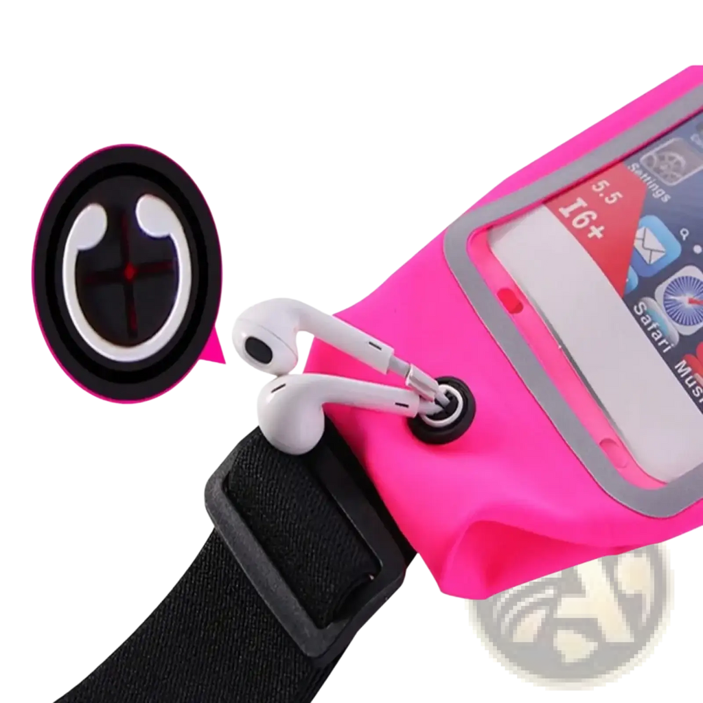 Bright pink waterproof running belt with clear touchscreen pocket, black strap, and integrated circular earphone holder