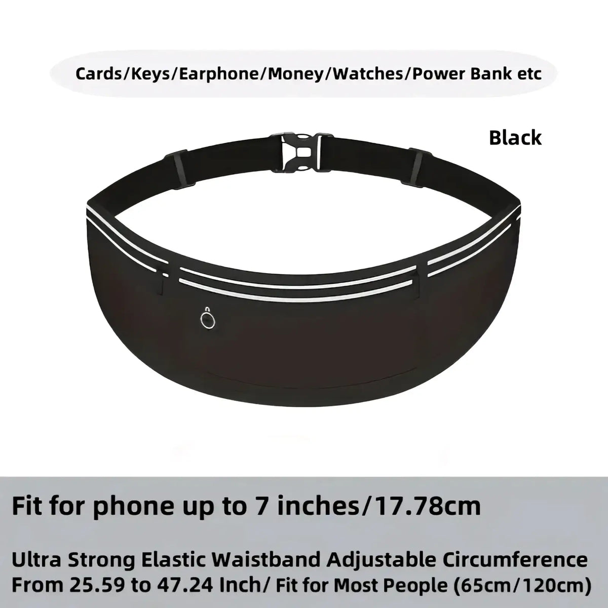 Black waterproof running belt waist bag with reflective white stripes and front zippered pocket for phone storage