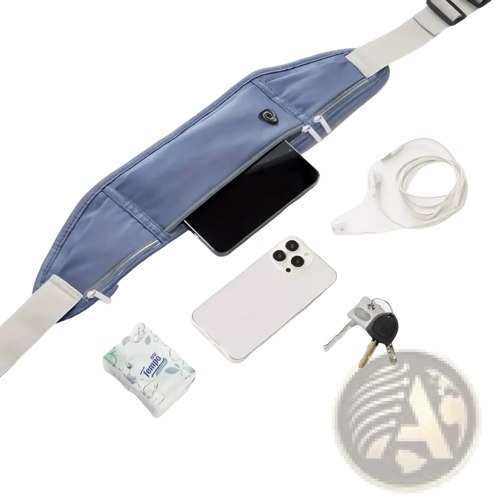 Blue waterproof running belt waist bag with multi-pocket design, adjustable headset strap, and zipper closures