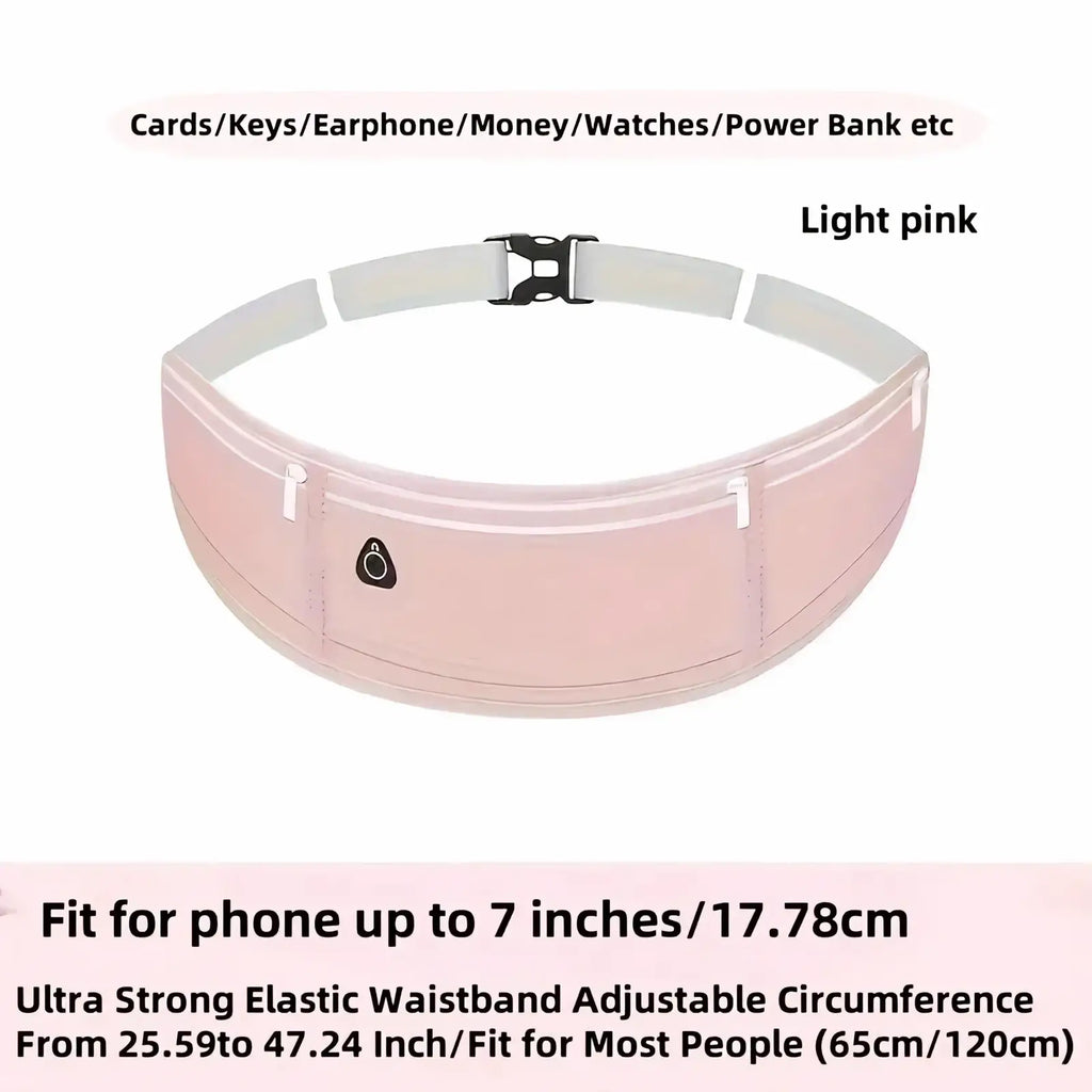 Light pink waterproof running belt waist bag with elastic waistband, multiple pockets, and black buckle for essentials