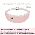 Light pink waterproof running belt waist bag with elastic waistband, multiple pockets, and black buckle for essentials