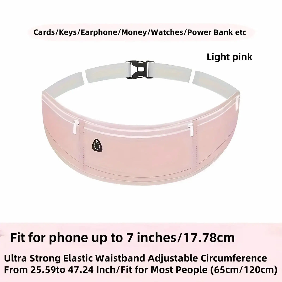 Light pink waterproof running belt waist bag with elastic waistband, multiple pockets, and black buckle for essentials