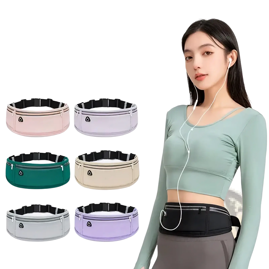 A sleek black waterproof running belt waist bag with reflective stripes and an adjustable strap for phone storage