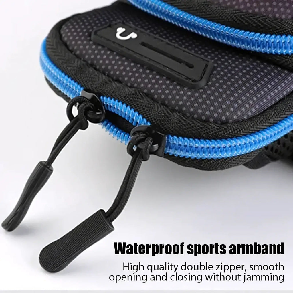 Waterproof running phone armband for iPhone in black and blue with textured mesh and double zipper closure
