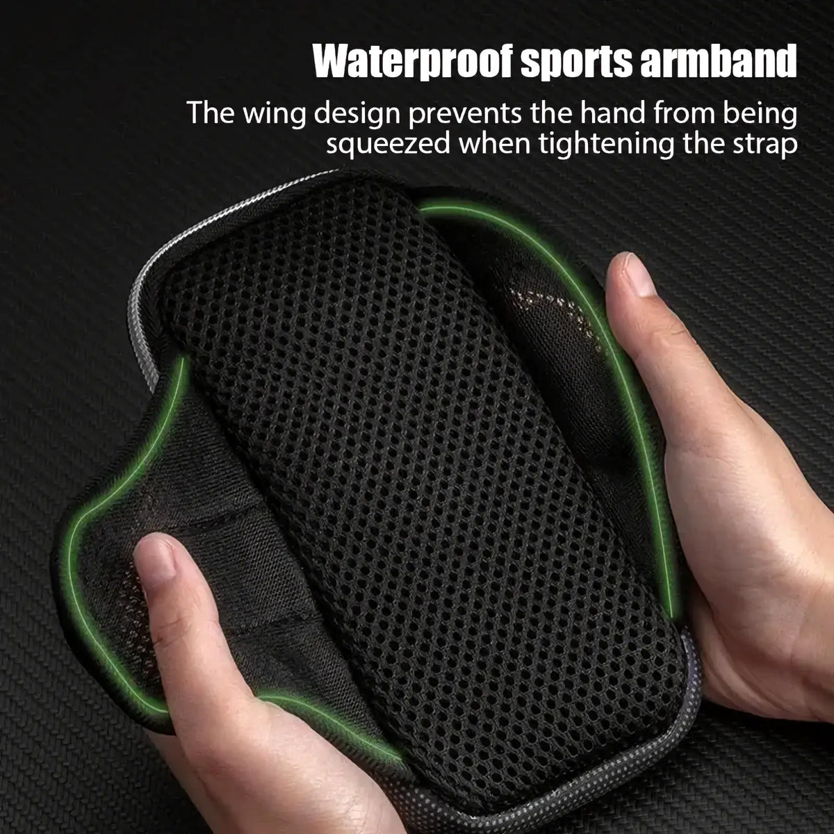 Black mesh waterproof running phone armband with green trim and winged design for iphone use