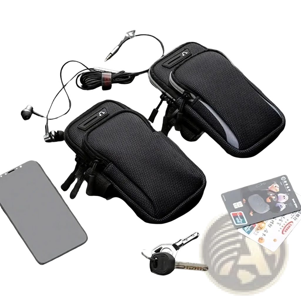 Black waterproof running phone armband for iPhone with textured fabric surface and silver zipper accents