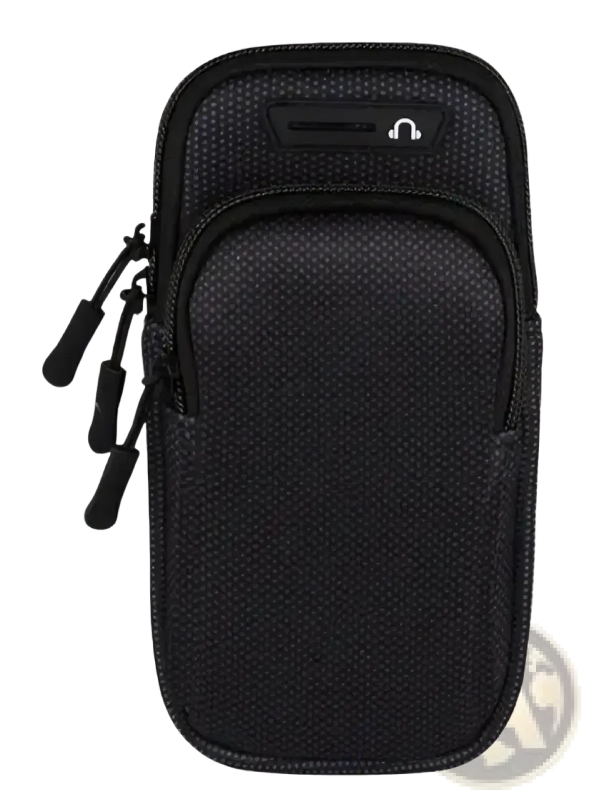 Black textured waterproof running phone armband with zipper closure and headphone icon patch for iPhone use