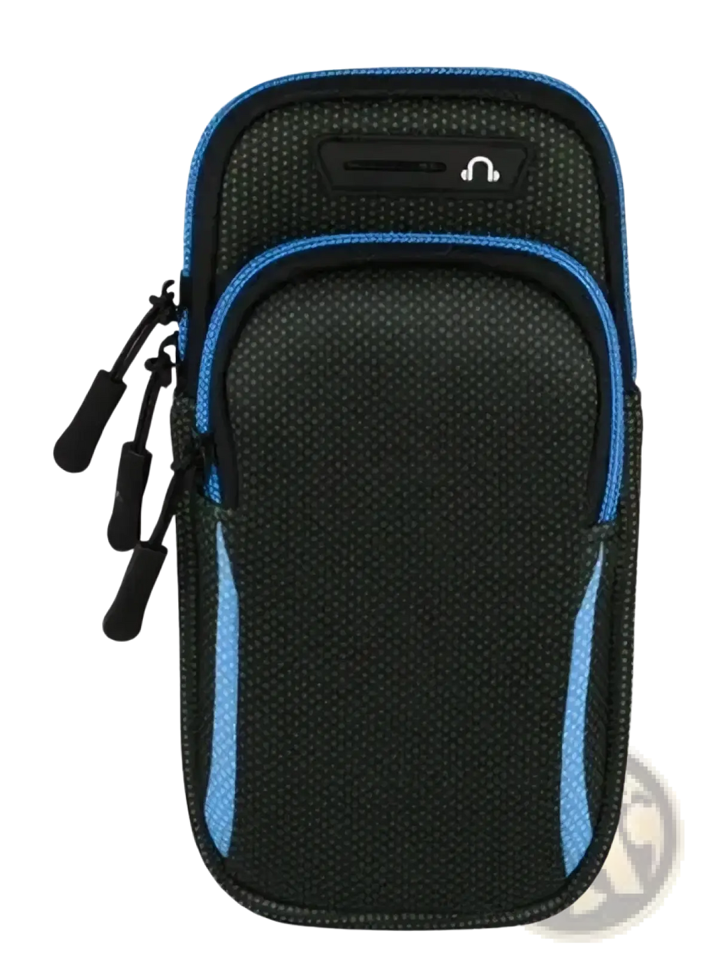 Black and blue mesh waterproof running phone armband for iphone with zipper closure shown from the back side