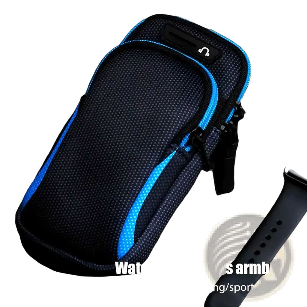 Blue and black waterproof running phone armband with textured fabric finish designed for iPhone use