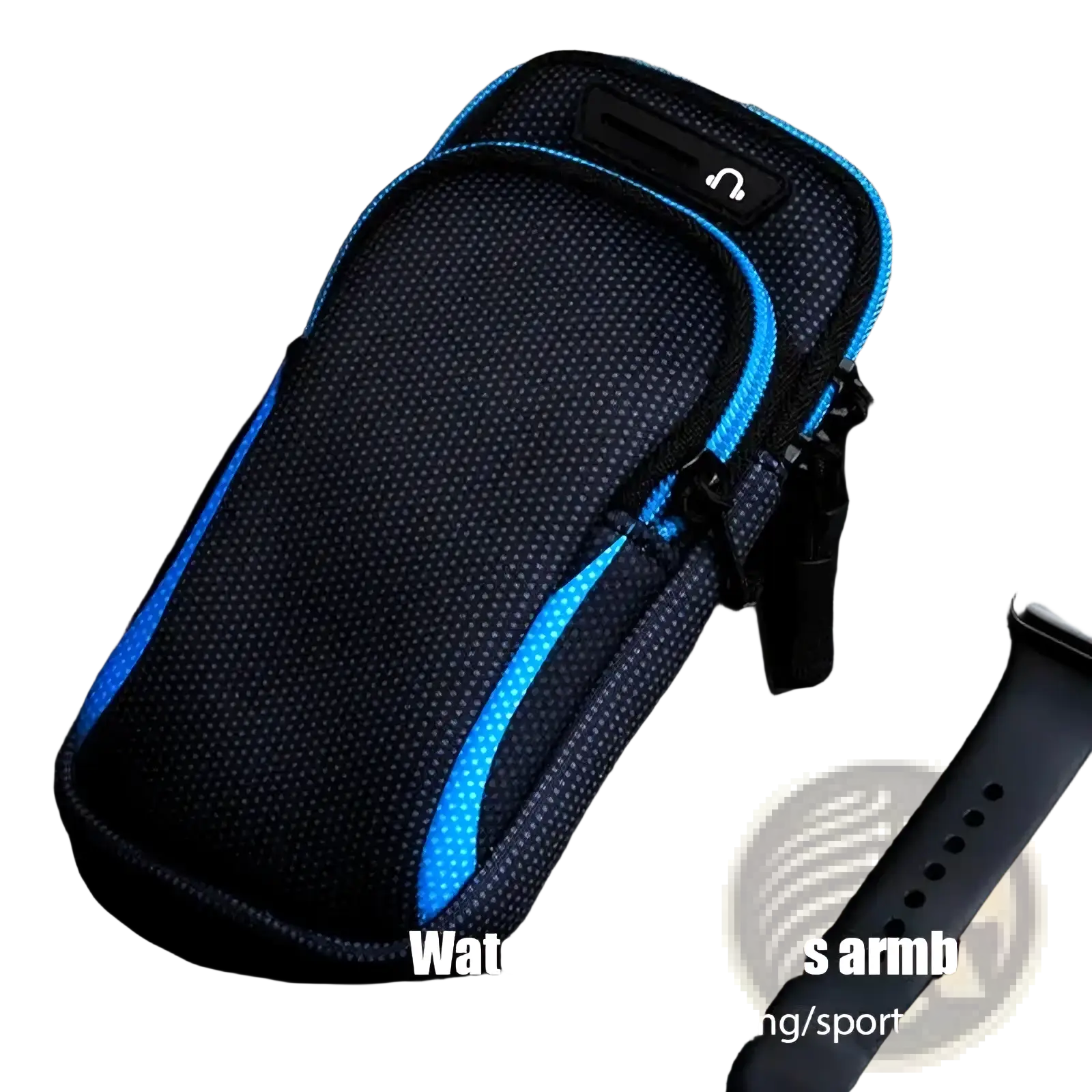 Blue and black waterproof running phone armband with textured fabric finish designed for iPhone use