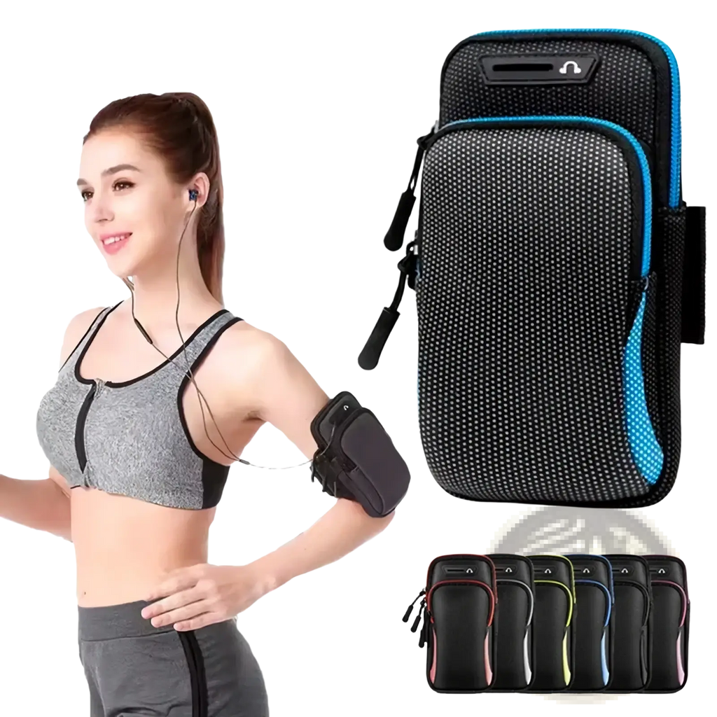Black and blue mesh waterproof running phone armband with zipper closure for secure smartphone storage during workouts