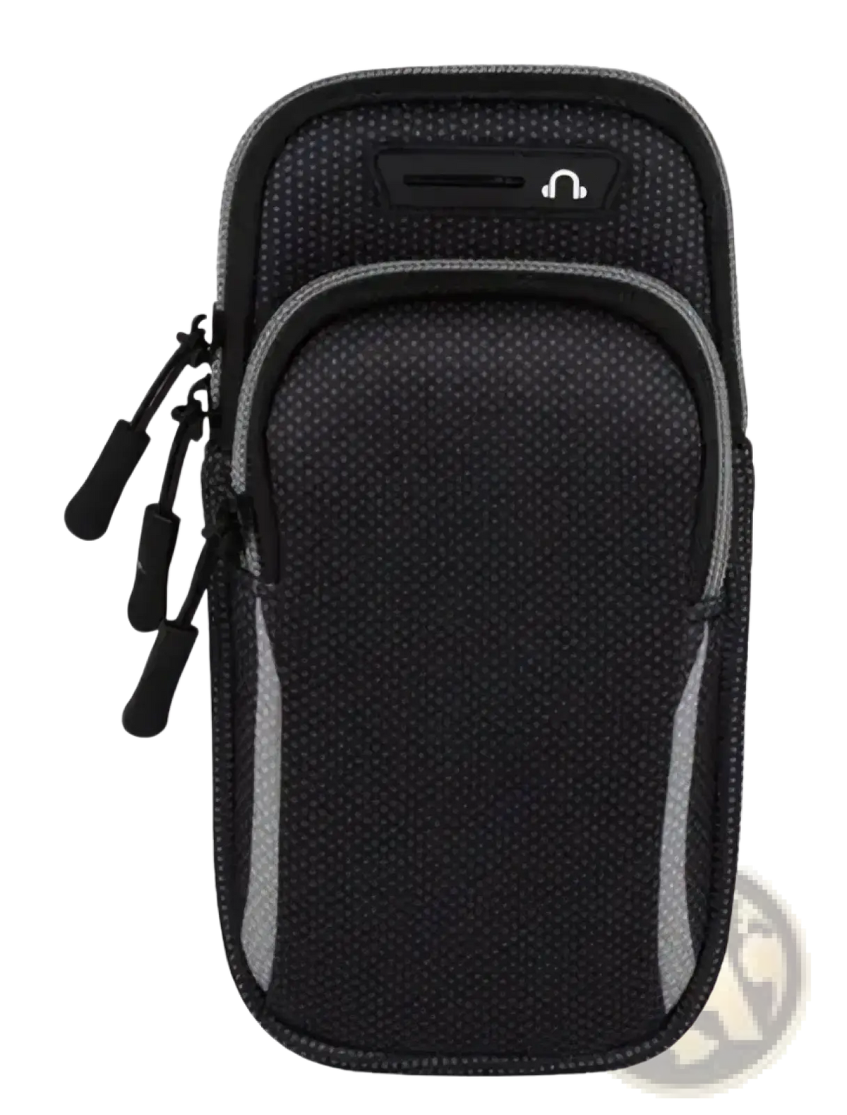 Black mesh waterproof running phone armband with gray trim and zipper pulls featuring a headphone icon on front