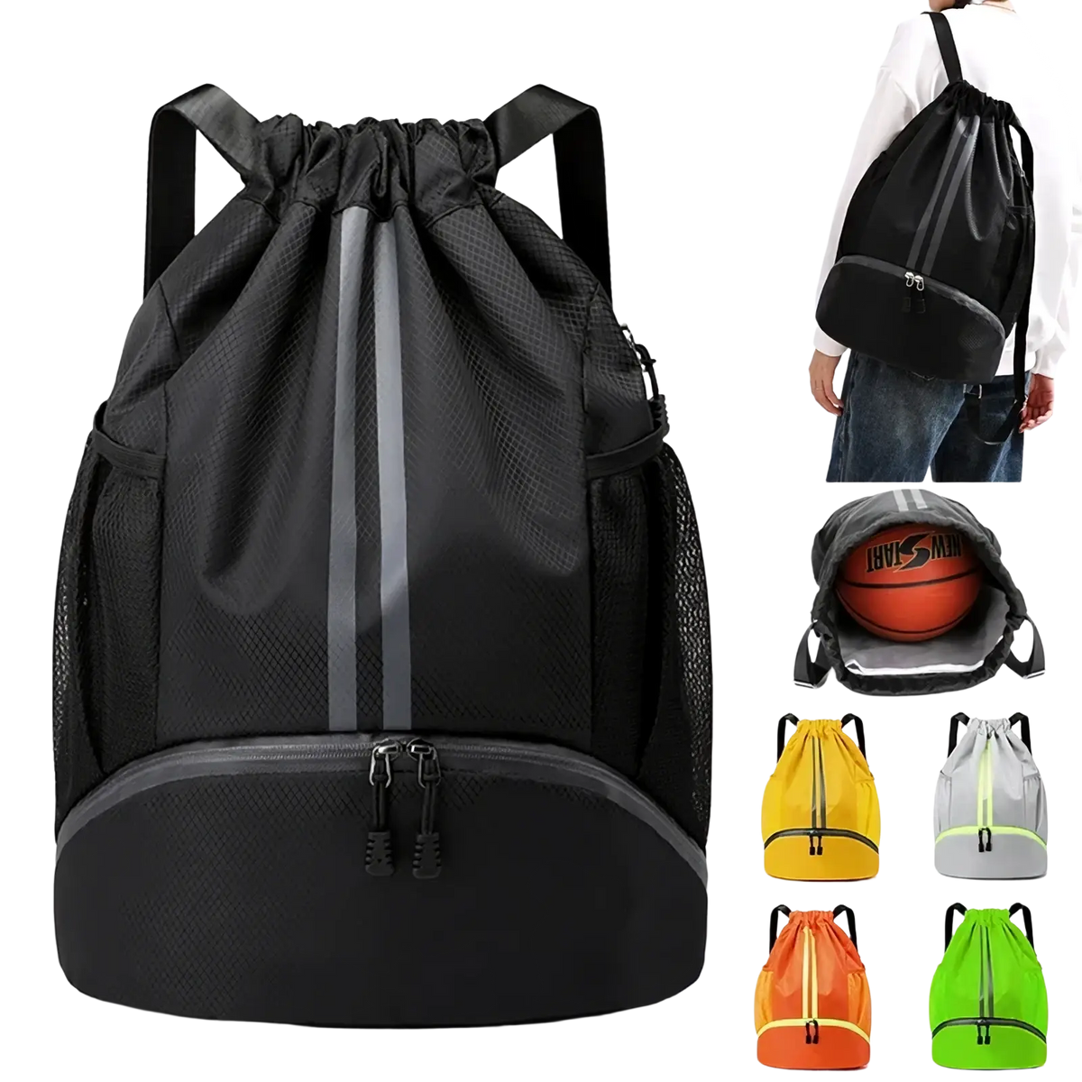Black waterproof sports drawstring backpack with mesh sides reflective gray stripe and shoe compartment for gym use