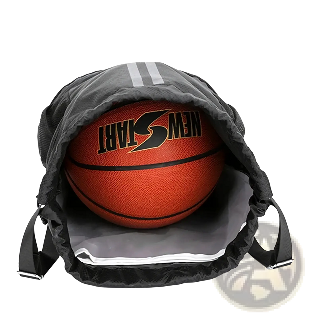 Black waterproof sports drawstring backpack with gray interior reflective stripes and shoe compartment visible from the back side