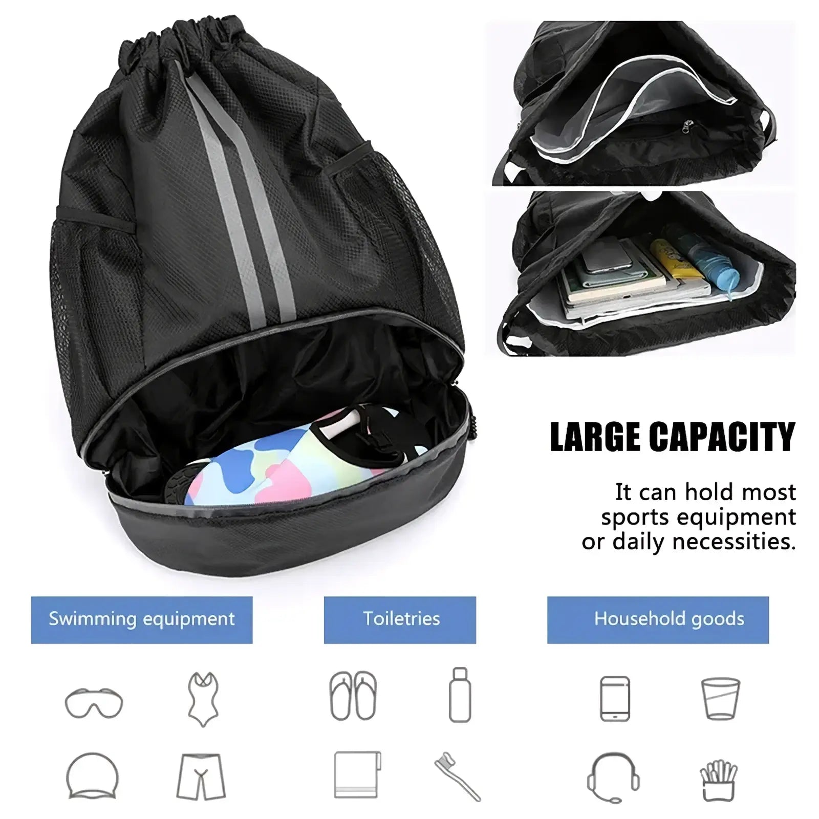 Black mesh waterproof sports drawstring backpack with reflective gray stripes and spacious interior for gear and essentials