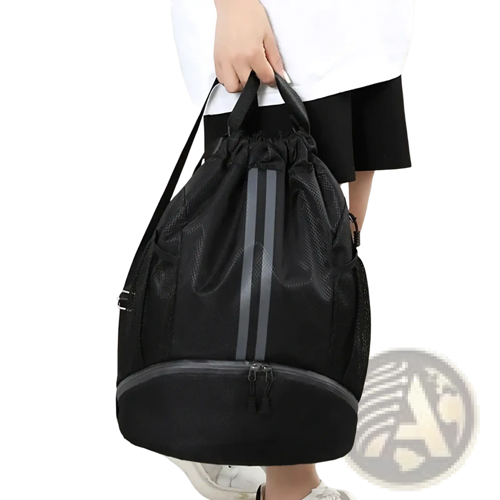 Black mesh waterproof sports drawstring backpack with gray reflective stripes and zippered shoe compartment