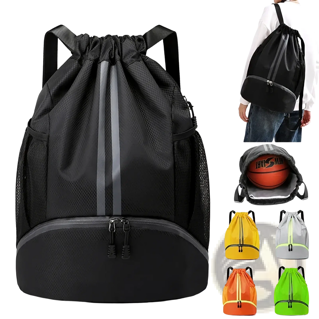 Black waterproof sports drawstring backpack with mesh sides reflective gray stripe and shoe compartment for gym use