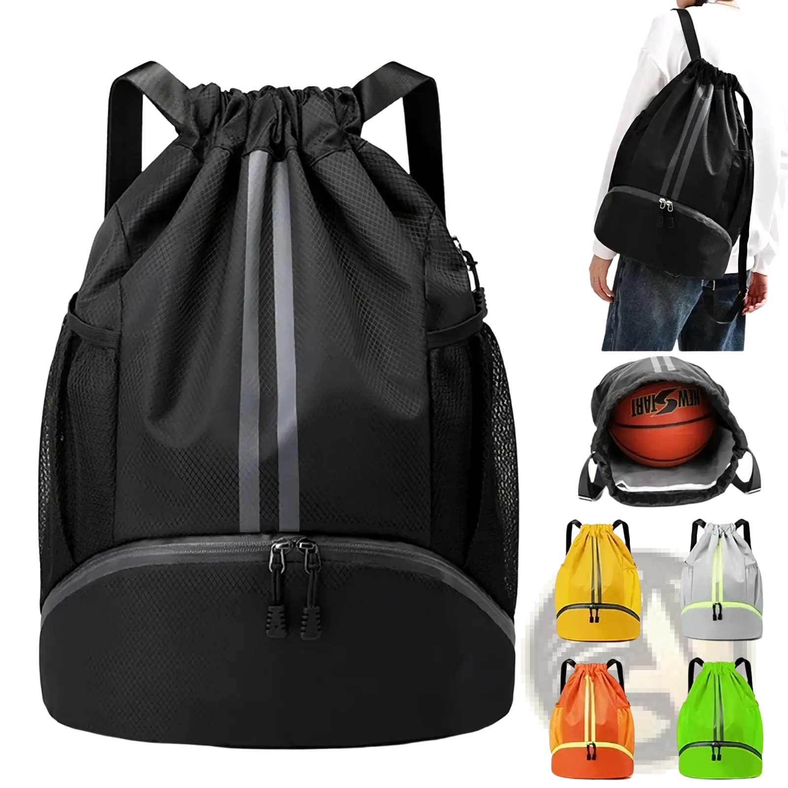 Black waterproof sports drawstring backpack with mesh sides reflective gray stripe and shoe compartment for gym use