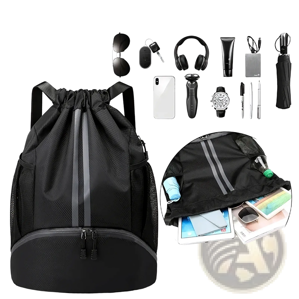 Black mesh waterproof sports drawstring backpack with reflective stripes and zippered shoe compartment