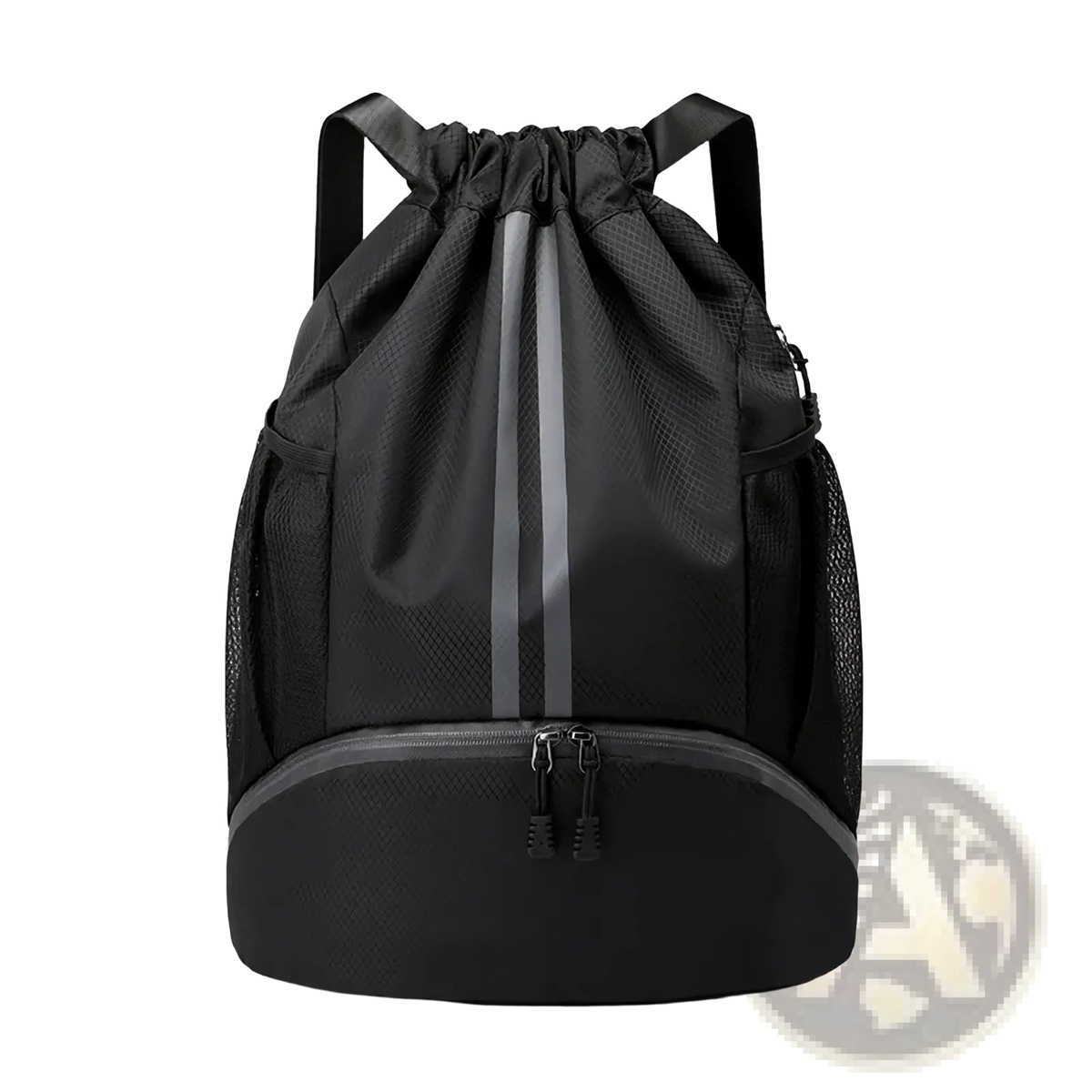 Black waterproof sports drawstring backpack with mesh side pockets reflective gray stripe and shoe compartment