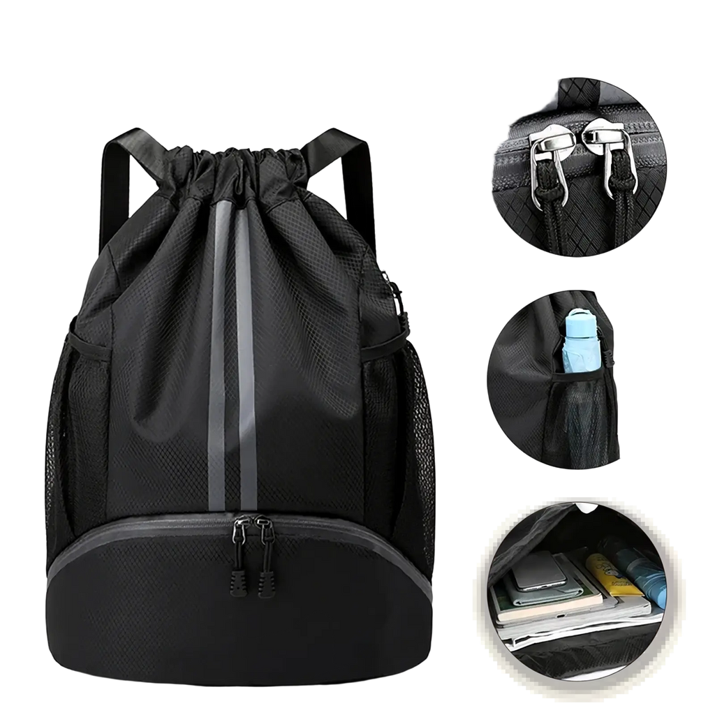 Black waterproof sports drawstring backpack with double zipper design and mesh side pockets for shoe storage