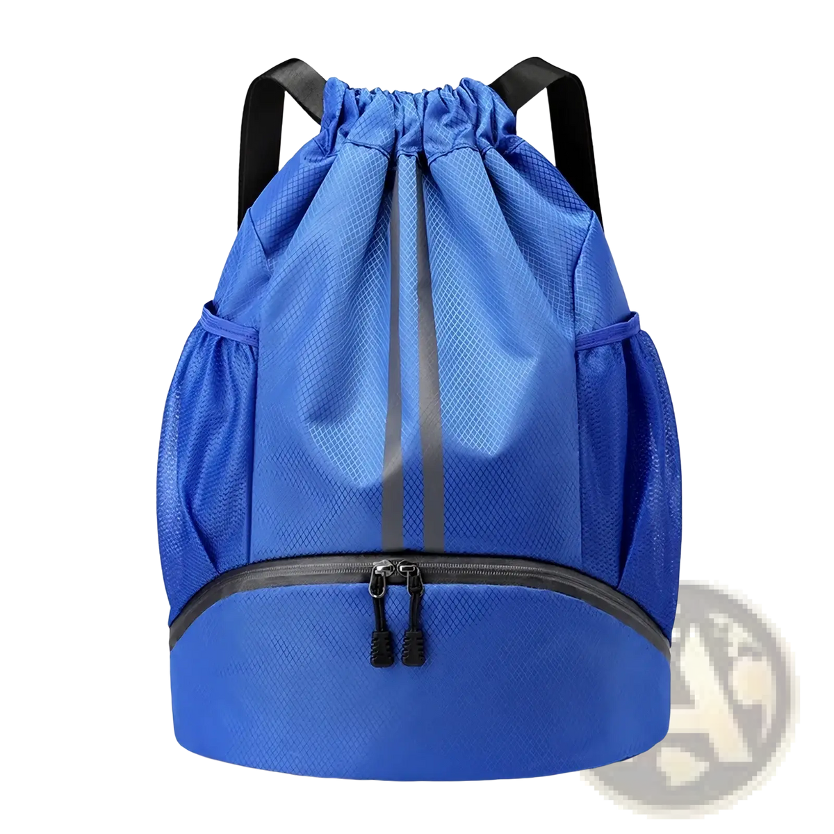 Blue waterproof sports drawstring backpack with black straps zipper accents and shoe compartment for athletic use
