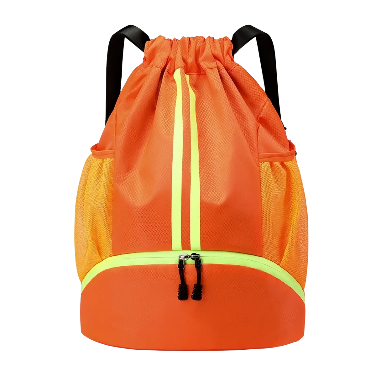Bright orange waterproof sports drawstring backpack with neon yellow reflective stripes black straps and shoe compartment
