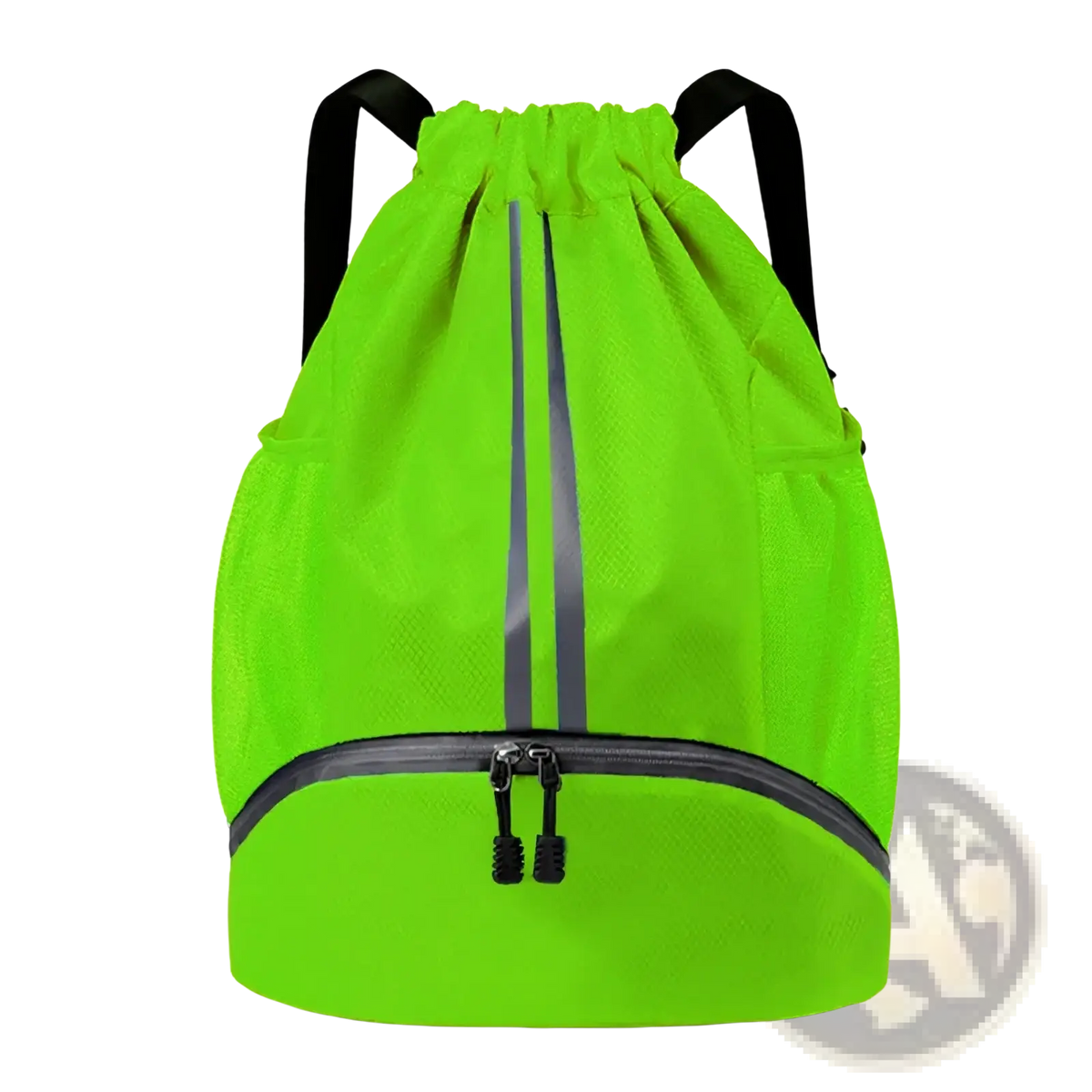 Bright neon green waterproof sports drawstring backpack with black straps and reflective gray stripes and shoe compartment