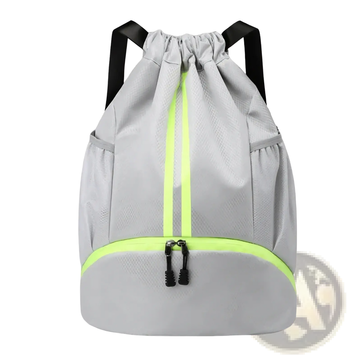 Gray waterproof sports drawstring backpack with neon yellow reflective stripes and black shoulder straps shown from the back