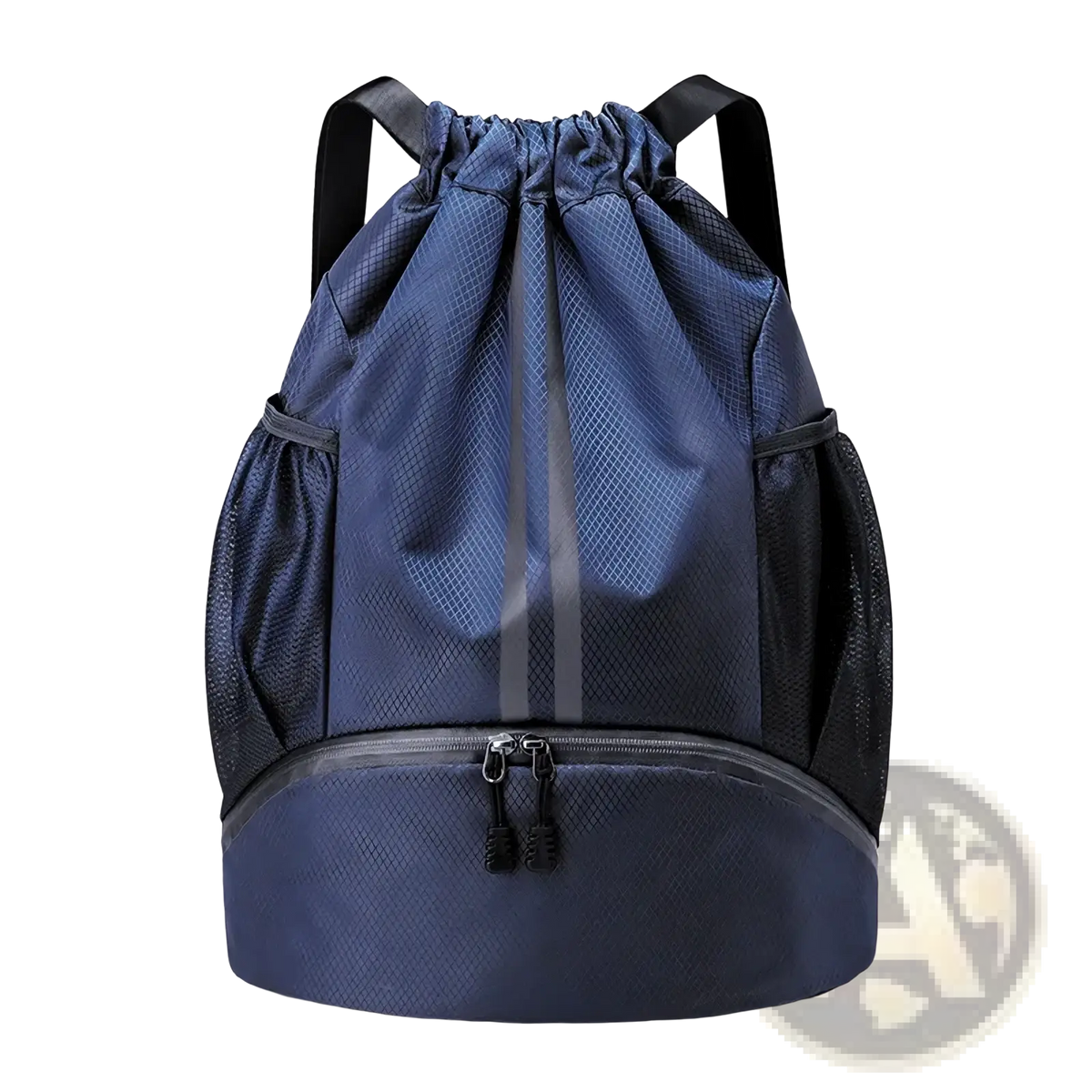 Navy blue waterproof sports drawstring backpack with black mesh side pockets and reflective stripe down the front