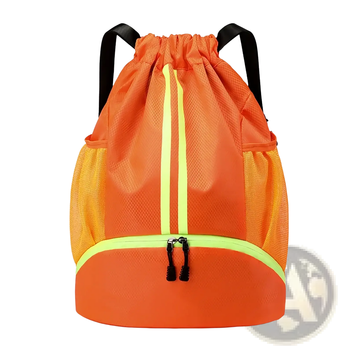 Bright orange waterproof sports drawstring backpack with neon yellow reflective stripes black straps and shoe compartment