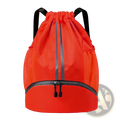Vibrant orange waterproof sports drawstring backpack with black straps and reflective gray stripes down the front