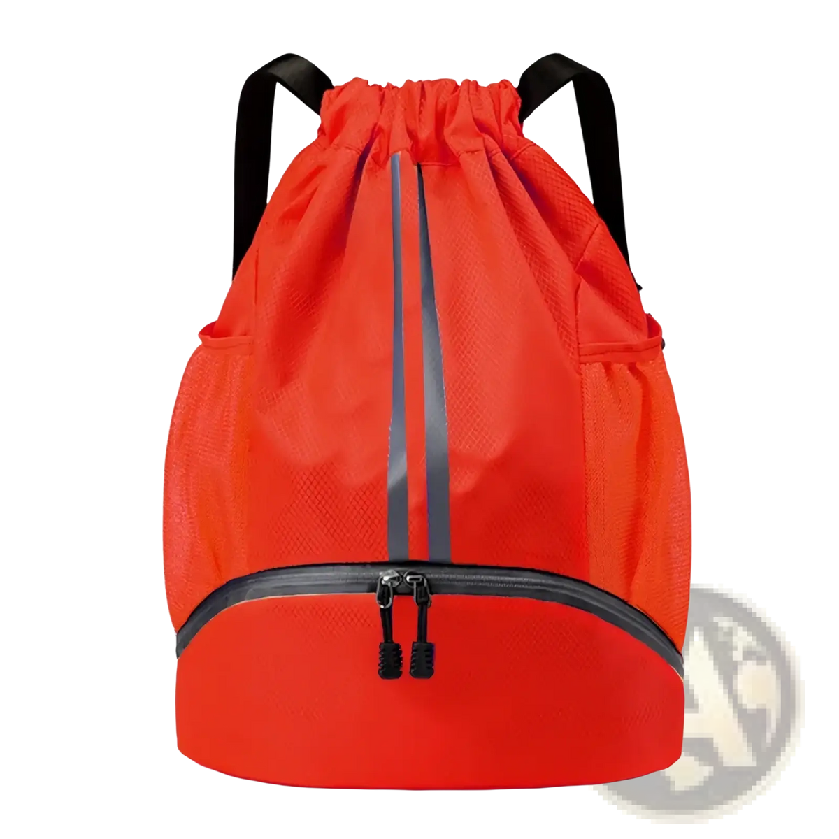 Vibrant orange waterproof sports drawstring backpack with black straps and reflective gray stripes down the front