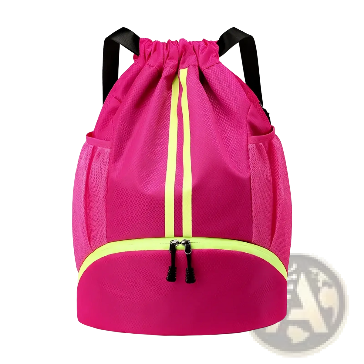 Waterproof sports drawstring backpack in vibrant pink with neon yellow zipper accents and black shoulder straps