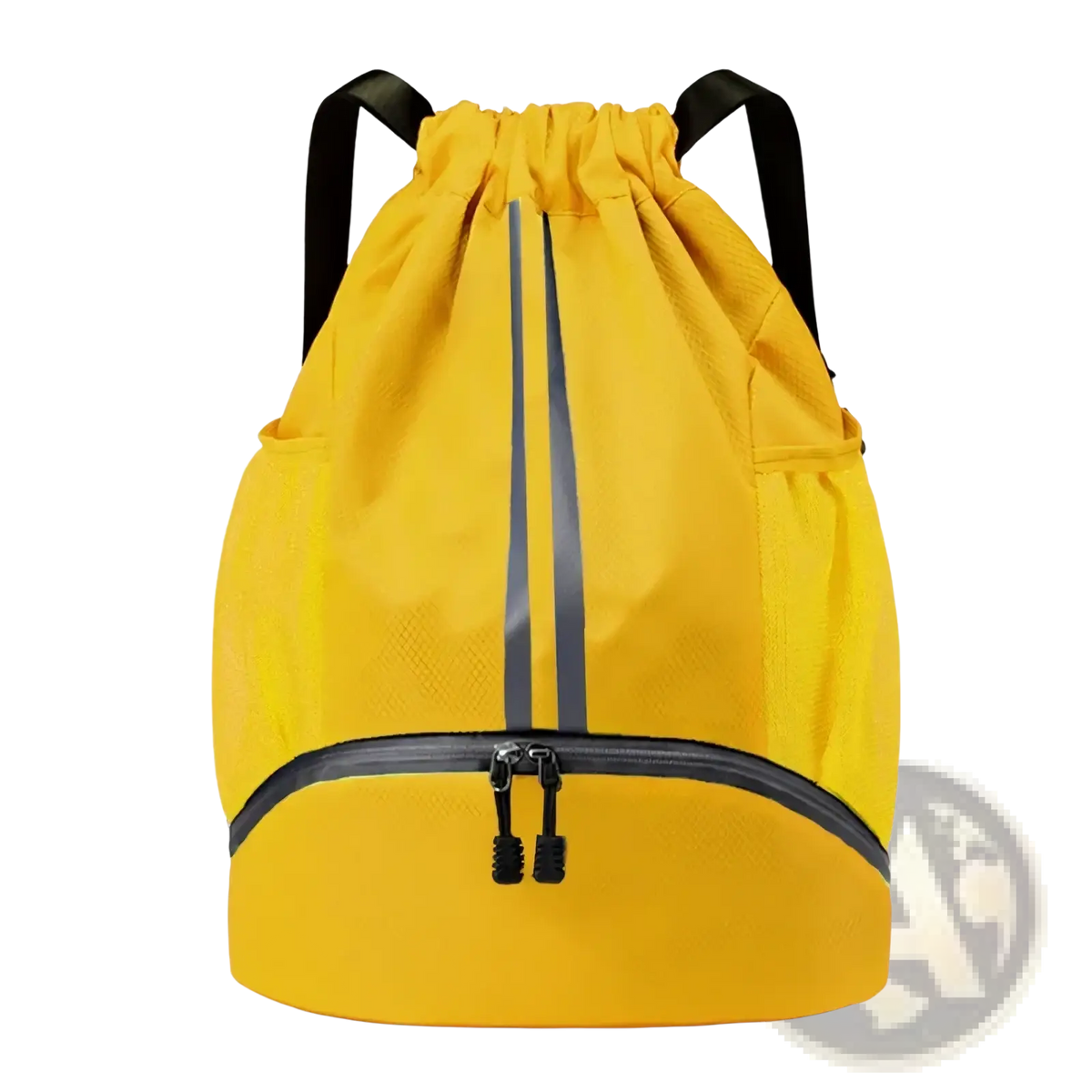 Bright yellow waterproof sports drawstring backpack with black straps and reflective gray stripes on the front