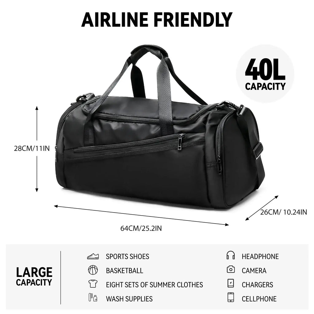Black durable nylon waterproof sports gym duffel bag with reinforced handles and multiple zippered compartments