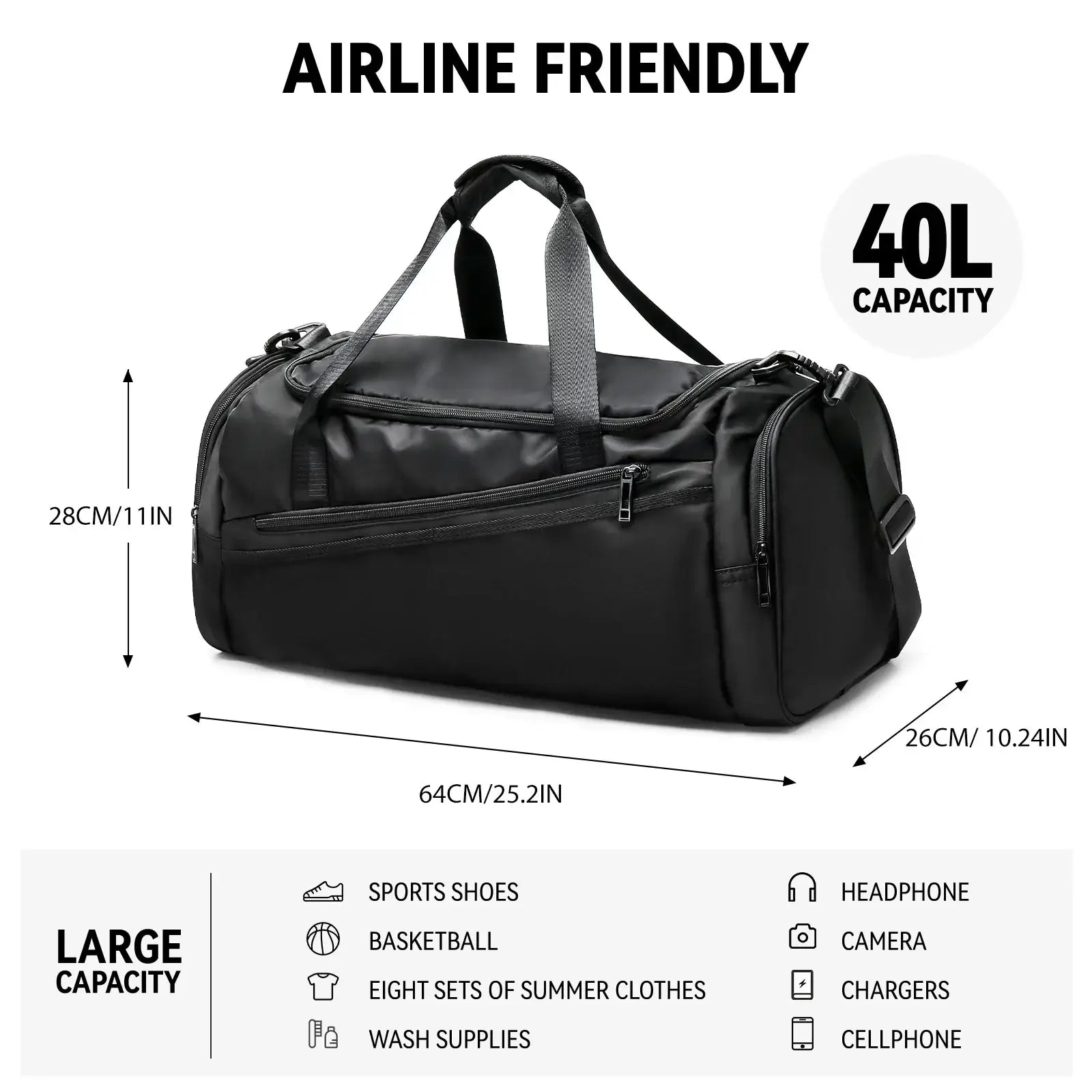 Black durable nylon waterproof sports gym duffel bag with reinforced handles and multiple zippered compartments
