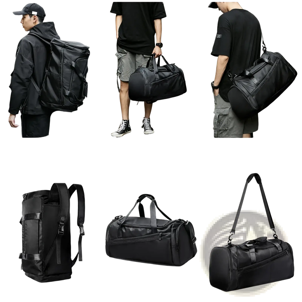 Black waterproof sports gym duffel bag with adjustable straps and multiple compartments for versatile use