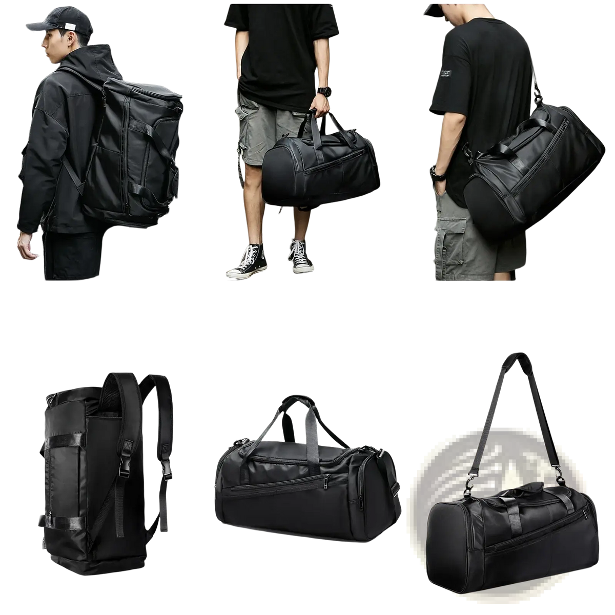 Black waterproof sports gym duffel bag with adjustable straps and multiple compartments for versatile use