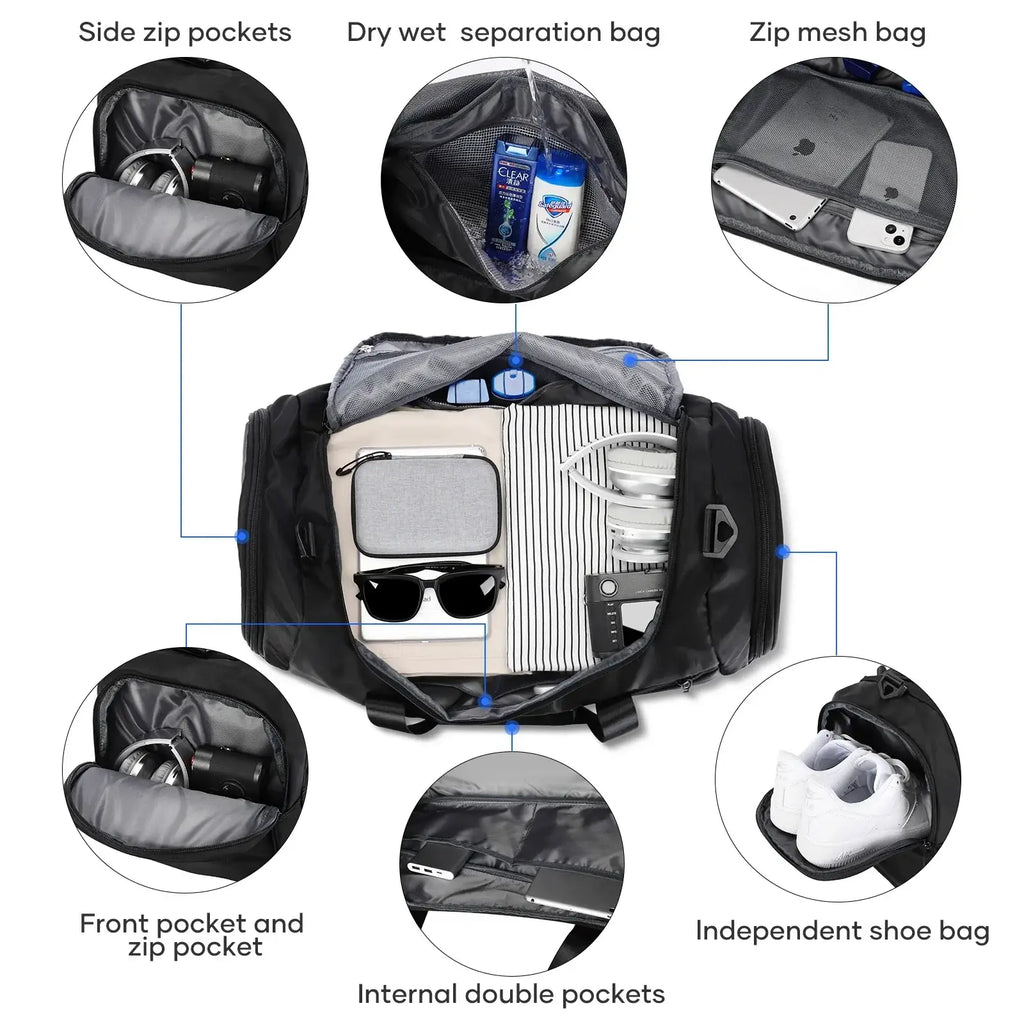 Black waterproof sports gym duffel bag with multiple compartments and mesh interior for organizing electronics and toiletries