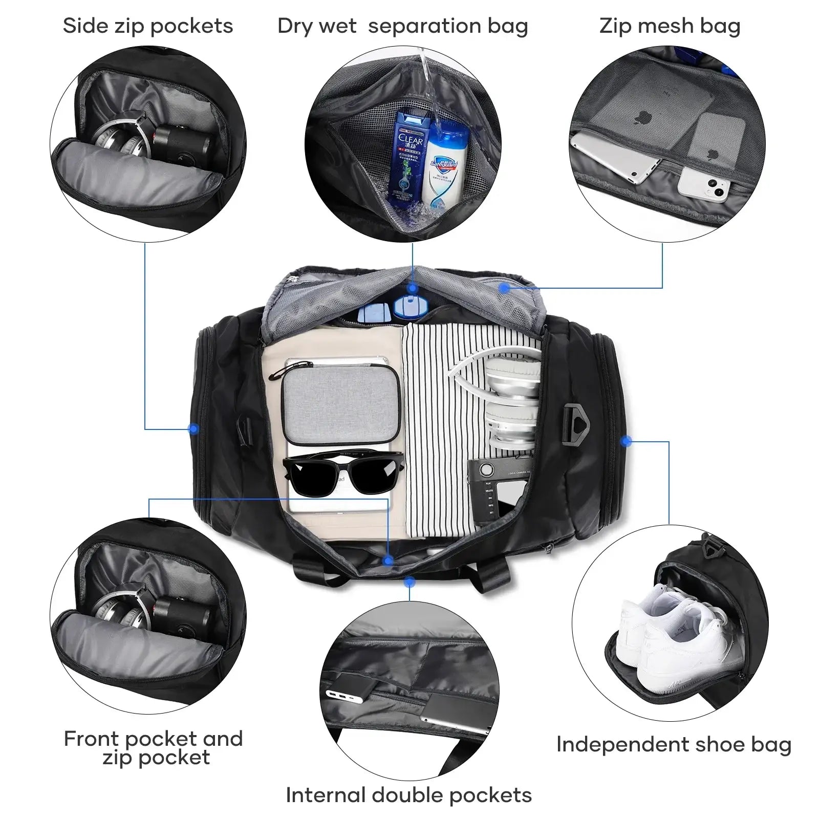 Black waterproof sports gym duffel bag with multiple compartments and mesh interior for organizing electronics and toiletries