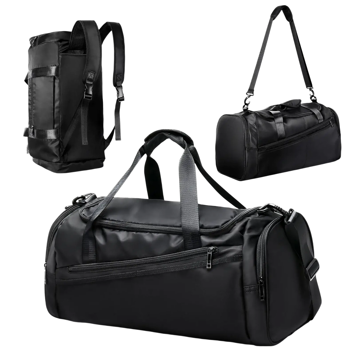 Black nylon waterproof sports gym duffel bag with multiple zippers and adjustable straps for easy carrying